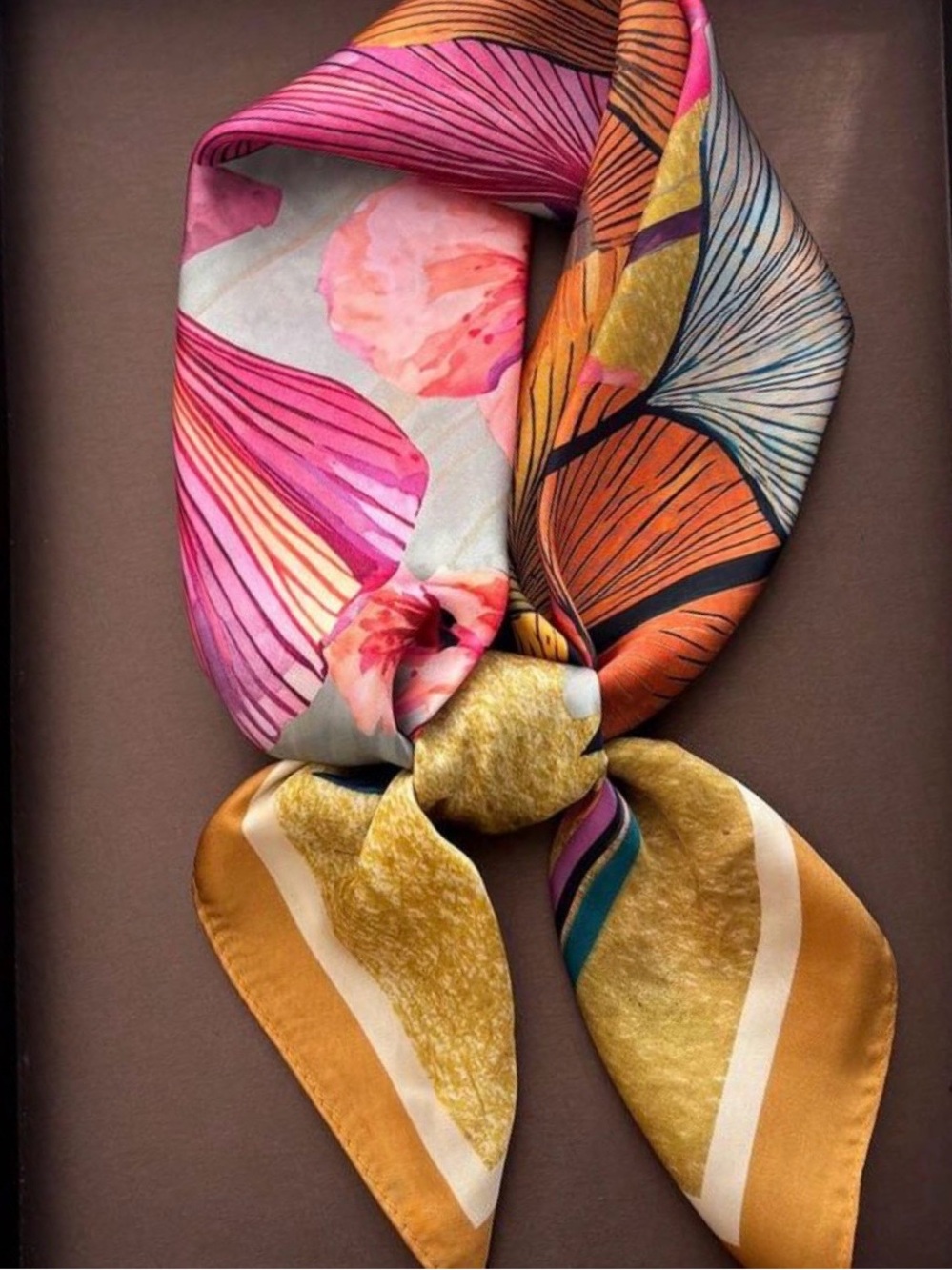 Floral Satin Square Scarf | Pink Gold Silk Feel Hair & Neck Wrap